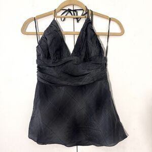 Express Baby Doll Hatler Neck Top Womens S Gray 100% Silk Ethereal Y2K Fairy